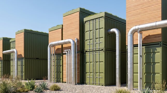 Modular container infrastructure with green roofs and exposed piping in a sustainable industrial facility. Innovative architecture for energy, storage, and environmental technology.