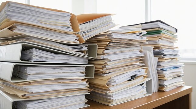 Overloaded office desk with stacks of paper files and folders. Administrative paperwork backlog, document management, record keeping, and business organization concept with copy space.