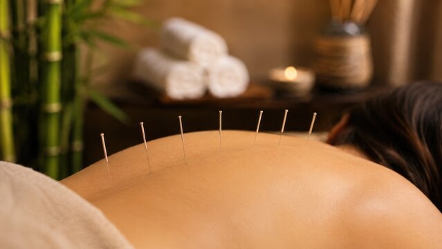 Back acupuncture treatment with fine needles on a relaxed person in a warm spa setting