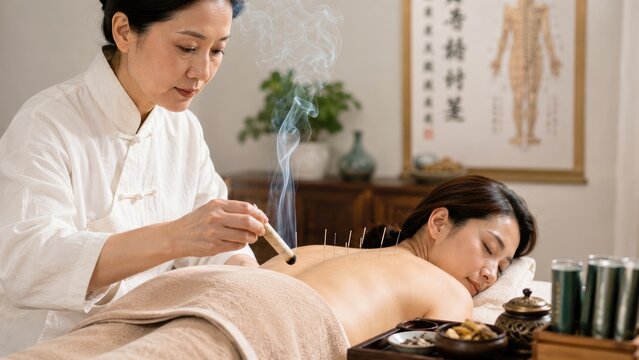 Traditional Chinese medicine session with acupuncture needles and moxibustion smoke as a practitioner treats a relaxed patient on a spa table