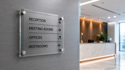 Fototapeta premium Acrylic directional sign in a modern office lobby indicating reception, meeting rooms, offices, and restrooms with arrows