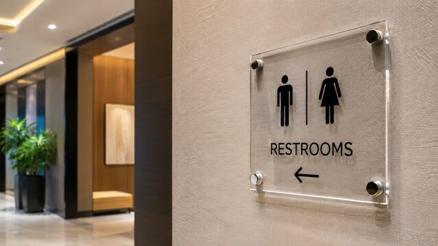Clear acrylic restroom sign with male and female icons and left arrow mounted on a beige textured wall in a modern lobby corridor