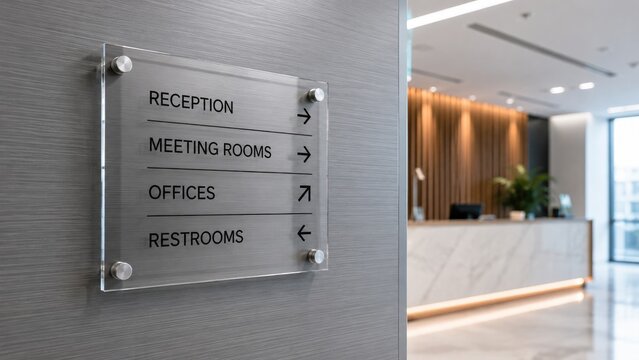 Acrylic directional sign in a modern office lobby indicating reception, meeting rooms, offices, and restrooms with arrows