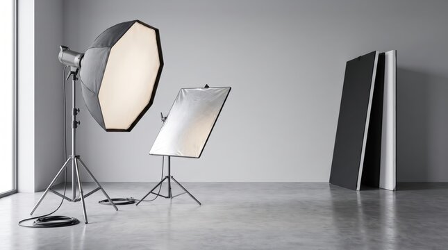 Professional photography studio lighting setup with softbox and reflector on tripod stands.