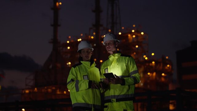 Industrial worker and engineer in safety clothing, reflective jacket, and hard hat inspect refinery equipment plan under facility light at night with serious expression during workplace safety shift