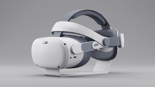 A modern virtual reality headset rests on a sleek stand against a clean and neutral background.