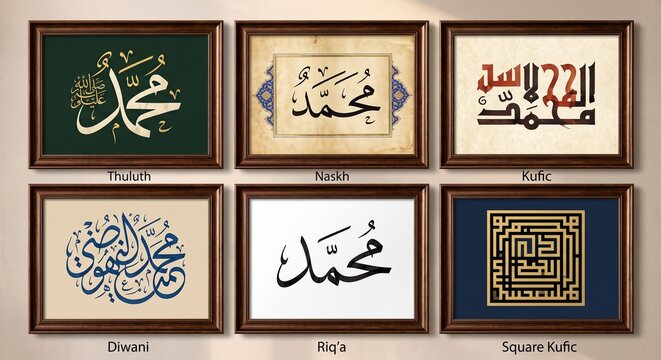 Framed Arabic Calligraphy Styles Set Showing Thuluth Naskh Kufi Diwani Ruqah and Square Kufi Scripts