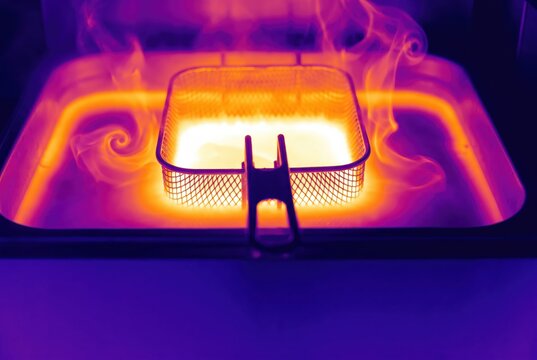 Moody Fryer Glow with Hot Oil and Steam in Neon Light
