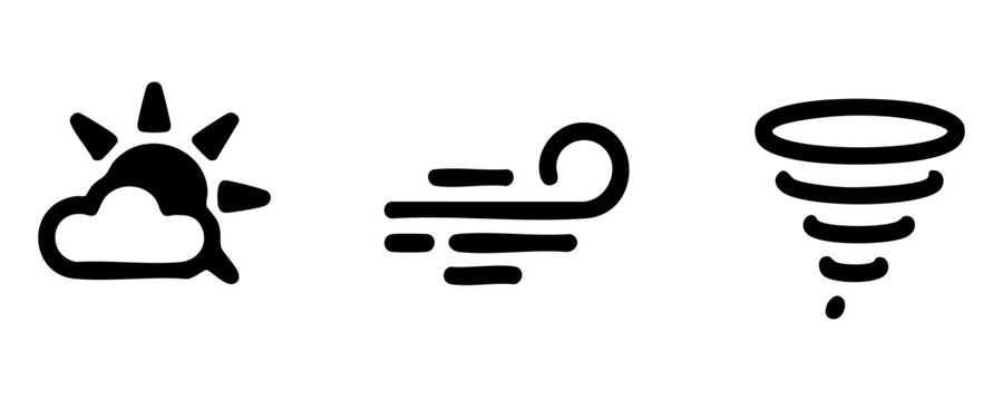 Weather icons for sunny partly cloudy windy and tornado conditions on transparent background.