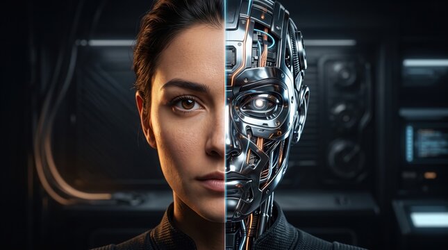A split portrait showing a human woman and a robotic cyborg face against a dark background scene.