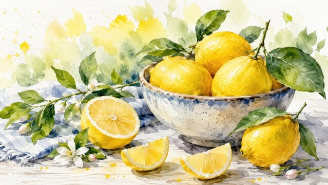 Watercolor still-life of fresh lemons in a ceramic bowl with slices, leaves and blossoms on a rustic table