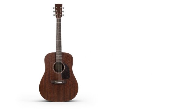 Brown dreadnought acoustic guitar standing on a white background with six strings and a wooden body