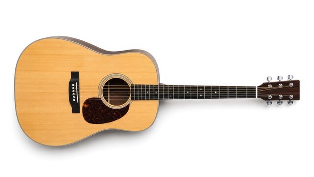Natural finish dreadnought acoustic guitar with six steel strings photographed on a white background
