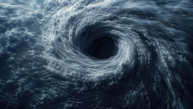 Dramatic dark ocean whirlpool vortex surrounded by stormy swirling water and clouds