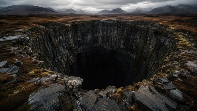 Dramatic rocky sinkhole plunging into darkness on remote moorland under stormy clouds