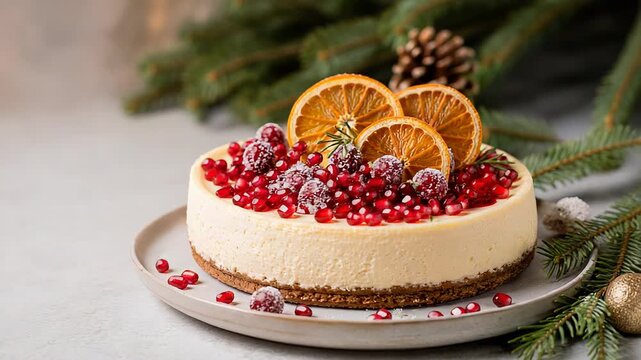 Christmas cheesecake garnished with pomegranate seeds and dried orange slices. Festive dessert on a plate decorated with pine branches and golden balls for holidays