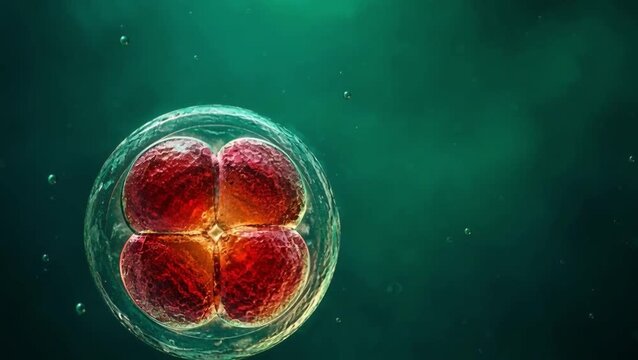 Four cell embryo microscope in the IVF reproductive medicine fertility treatment embryology cleavage laboratory research.