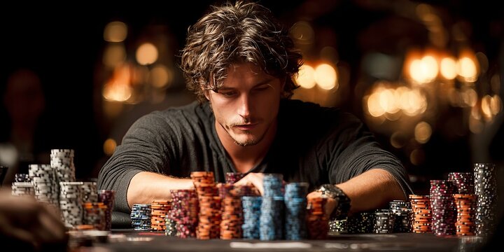 Focused man playing poker at casino table surrounded by stacks of colorful chips symbolizing gambling