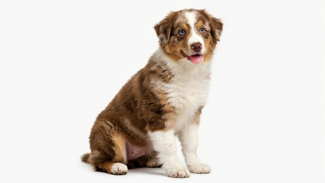 Adorable australian shepherd puppy sitting on white background, tongue out merle brown