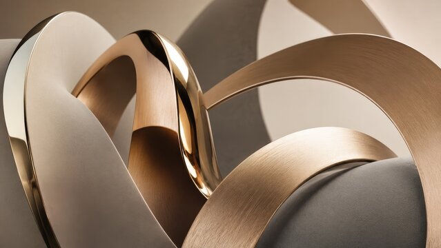 Intertwined gold and brushed bronze metallic rings forming an abstract modern sculpture with smooth curves and warm soft lighting