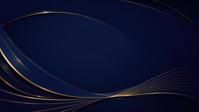 Elegant dark blue abstract background with flowing gold curved lines and metallic accents, creating a luxurious modern minimalist backdrop for branding, invitations, or presentations