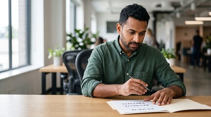 Obraz premium Focused Professional Man Working on Business Planning Strategy and Data Analysis in a Modern Bright Open Plan Office Workspace