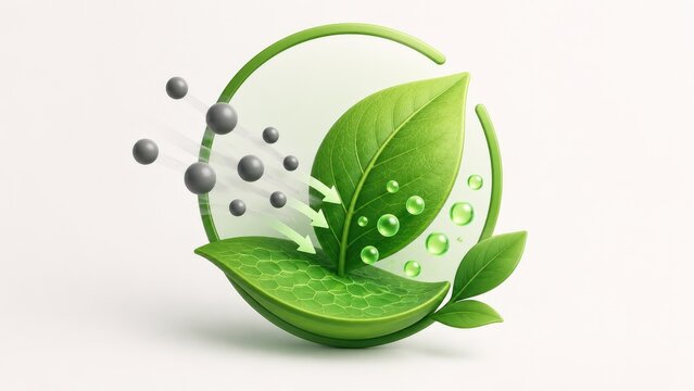 3D green leaf emblem with water droplets, hexagon texture and gray molecular spheres suggesting eco, clean tech and sustainability