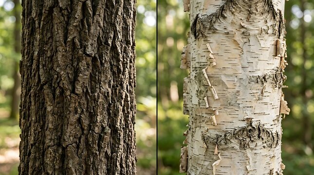 Close up comparison of rough brown and white birch tree bark