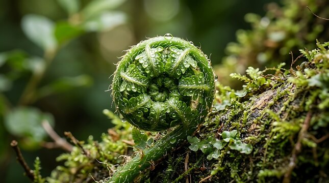 Close up of a green fern fiddlehead with dew drops
