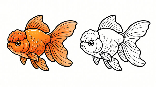 Two Identical Bright Orange Oranda Goldfish Illustrations &ndash; Colorful and Black-and-White Vector Set