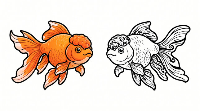 Two Identical Bright Orange Oranda Goldfish Illustrations &ndash; Colorful and Black-and-White Vector Set