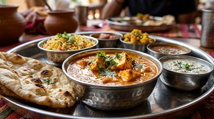 Fototapeta premium Traditional indian thali meal with paneer curry and naan bread