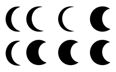 Set of eight crescent moon phase shapes in black solid style for astronomical or calendar design. © MdAbdul