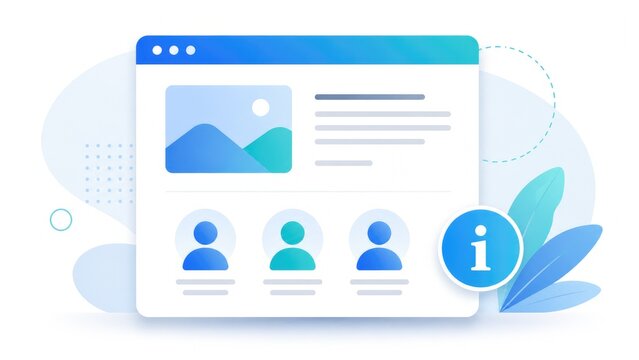Modern website user profile interface mockup with header image, text blocks, avatar icons and information symbol in blue gradient