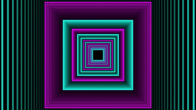 Neon square tunnel zoom effect with pulsing colorful geometric patterns for abstract visual design.