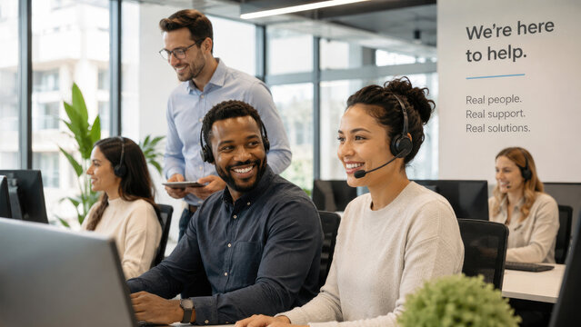 Smiling customer service team with headsets assisting clients in a modern open office environment