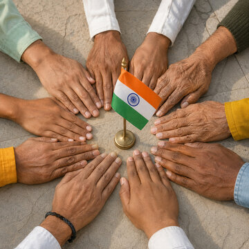 Diverse Indian hands around national flag symbolizing unity