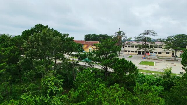 Aerial view of forest canopy transitioning to suburban area near school buildings
