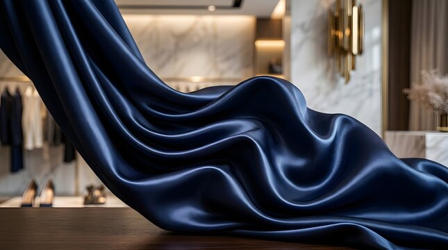 Elegant dark blue satin fabric draped in luxurious flowing waves on wooden surface