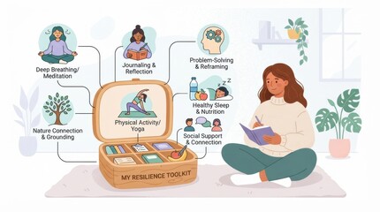 Fototapeta premium A person sits on a rug with a toolkit outlining methods for relaxation and mindfulness. Activities include yoga, journaling, and nature connection.