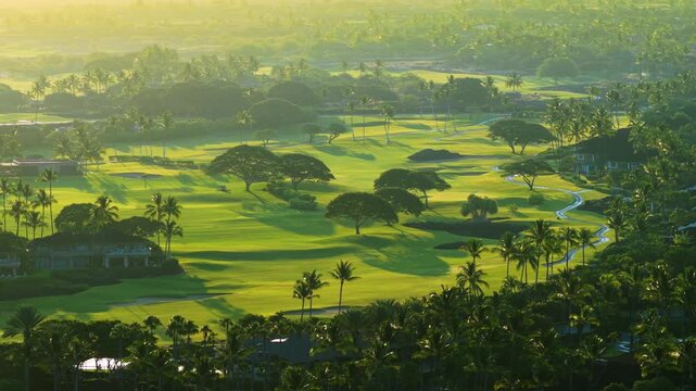 Warm morning sun floods a green golf course on Big Island Hawaii with palm trees swaying over fairways bunkers and cart paths while luxury resort villas rest among tropical foliage in aerial view.