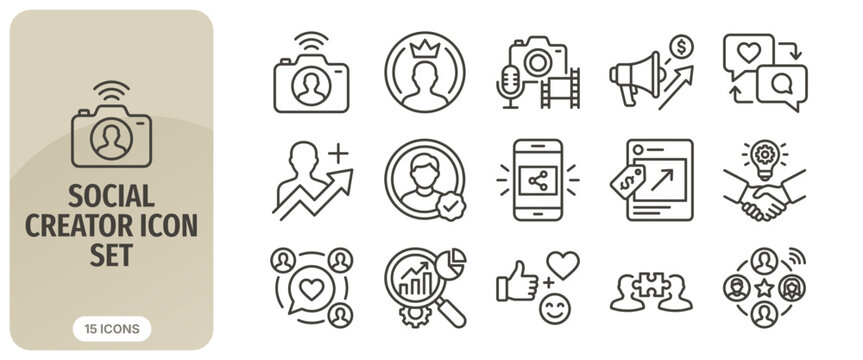 Social creator icon set including influencer marketing, content production, audience growth, and community engagement line symbols