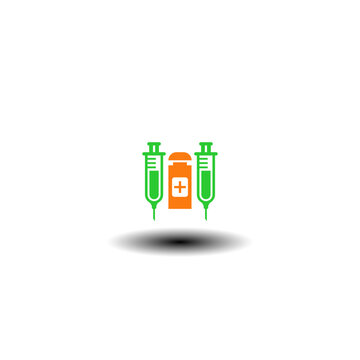 Vector illustration of medicines vial and two syringe. Symbol of peptides injection.
