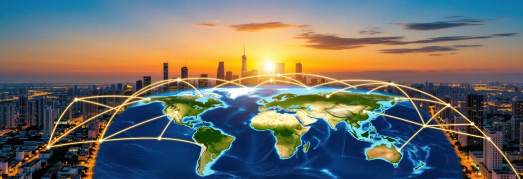 Digital world map shows global network connections over city skyline at sunset. Technology and communication links span across continents connecting urban areas digitally.