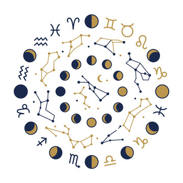 Astrology symbols and constellations circle composition on white background