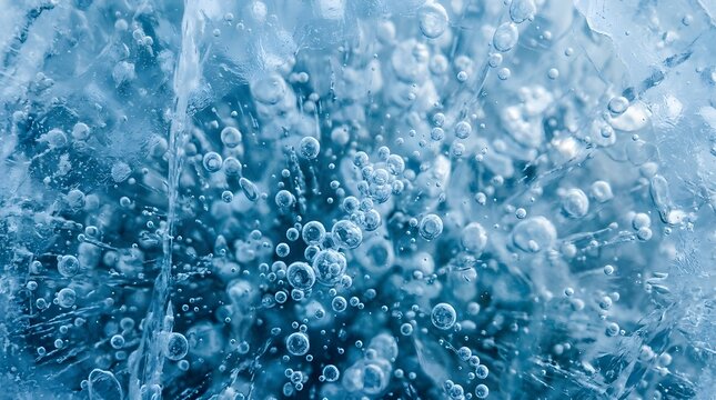 Close-up of sparkling frozen ice crystals with dynamic blue and white texture patterns