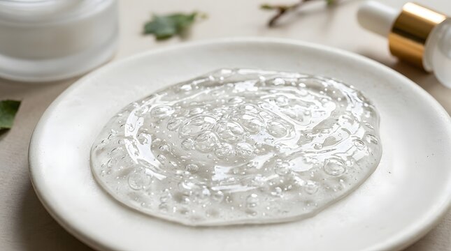 Close-up of white translucent cosmetic gel texture on white plate for skincare or beauty product development