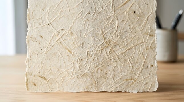 Close-up of handmade Japanese washi paper with natural fibers and textured surface for crafting and design