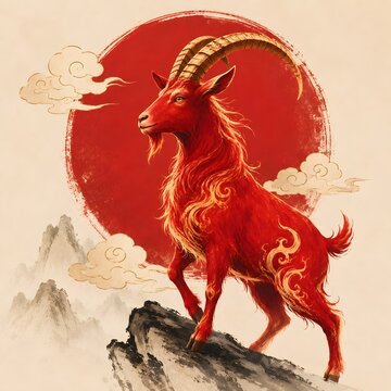 Red Goat Chinese Zodiac Illustration on Mountain with Red Sun