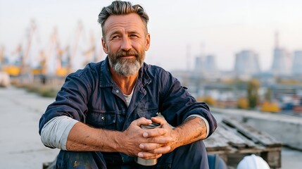 Fototapeta premium Mature man with beard sits near port cranes.